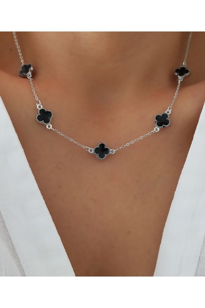 DENİZDENAL Black Flower Silver Necklace