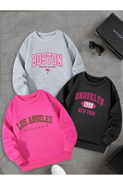 Kids Brooklyn Boston Los Angeles Baskılı 3 lü Sweatshirt