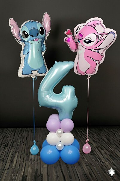 PARTİAVM 4 Year Old Lilo and Stitch Birthday Concept Blue Number Balloon Column Flying Balloon Set of 2 Stitch and Lilo