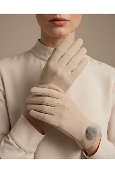 Şirin Giyim Aksesuar Kaşe Ponpon Detay Eldiven Kalın - Yumuşak Kadın Lüks Telefon Dokunmatikli