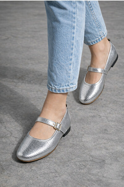 STOCON VERA Balerini cu cataramă din piele de șarpe argintie Balerini casual Pantofi de birou STC1205