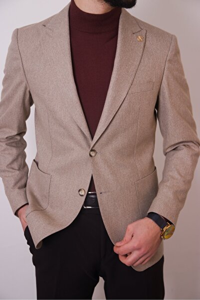 SOLİMAN kahve Dokulu İtalyan Stil Geniş Sivri Yaka Tek Düğme Erkek Ceket