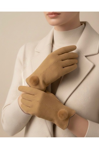 Şirin Giyim Aksesuar Kaşe Ponpon Detay Eldiven Kalın - Yumuşak Kadın Lüks Telefon Dokunmatikli