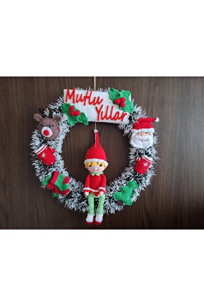 11 Parça El Örgüsü Yılbaşı Seti - Amigurumi Kapı Süsü (34 cm) ve 10 Adet Ağaç Süsü