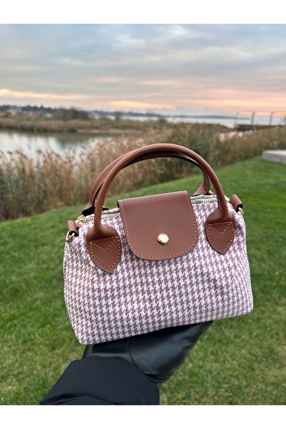 kosmiq joy Houndstooth (Kaz Ayağı) Desenli Mini Çanta – Kahve Kapaklı