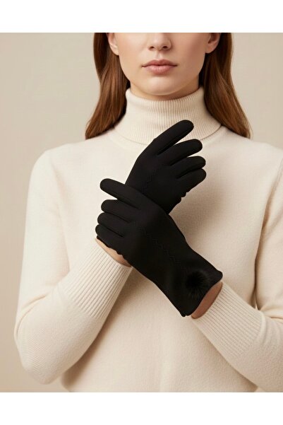 Şirin Giyim Aksesuar Kaşe Ponpon Detay Eldiven Kalın - Yumuşak Kadın Lüks Telefon Dokunmatikli
