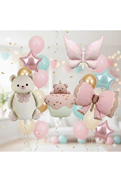 ÇITIPITISTORE pembe kelebek fiyonk kek ayı folyo balonlu dpğum günü balon set