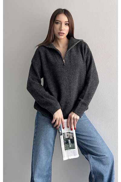 yeditepe fashion سترة تريكو ناعمة الملمس بياقة كاميونير وسحاب