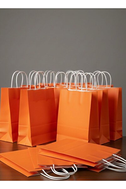e Erta Turuncu Renkli Kraft Çanta 25x31 Cm 10 Adet Hediye Poşeti , Hediye Pak...