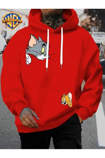 oneagılyazı Tom and Jerry Cartoon Hooded Sweatshirt - Unisex Loose Fit