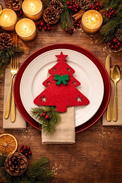 Masalsı Concept Kırmızı Çam Ağacı Kaşıklık, Yılbaşı Masa Dekor, Çatal Kaşıklı...