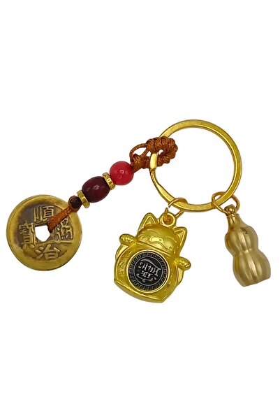 Dünyadan Hediyeler Breloc din alamă Maneki Neko cu roată rotativă, figurină triplă noroc, NOPRNC02