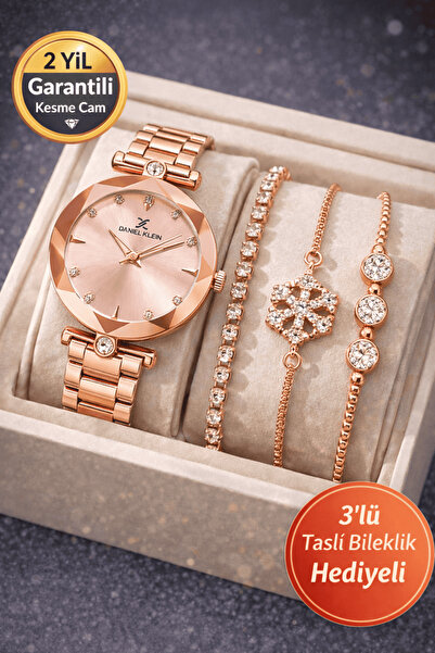 Daniel Klein Rose GOLD Kadın Kol Saati 3’lü Çelik Bileklik Seti Özel Günler İçin Zarif Hediye Seti