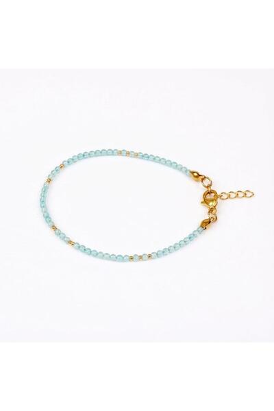 Taş Sandığı Blue Topaz Stone Steel Bracelet 2mm - Gold Color - Thin Bracelet