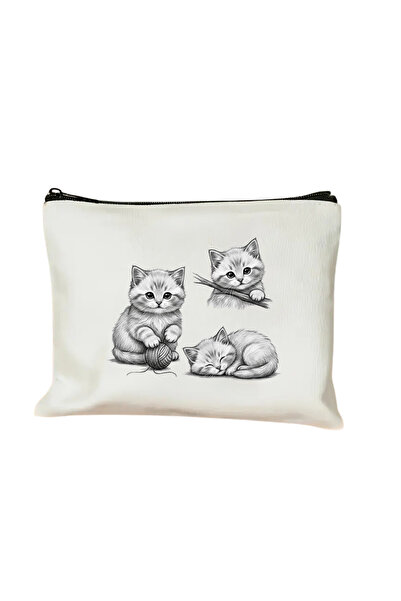 Elbasan Tekstil Χαριτωμένη τσάντα μακιγιάζ από καμβά γάτας