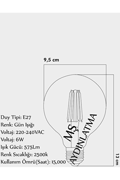 MŞ Aydınlatma 5 Adet Cla18 E27 Duylu 6 Watt Gün Işığı Led Filament Rustik Bal Cam Ampul G95