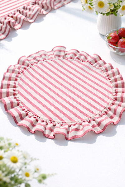 Mirilliahome Linen Frilly Placemat American Style Set of 6 Pink and White Striped 40 cm Round