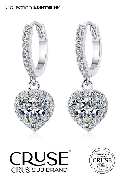 Cruse 925 Ayar Gümüş Kalp Tektaş Sallantılı Halka Küpe 18 Ayar Beyaz Altın Ka...