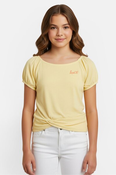 Levi's Kids Girl Boat Neck Short Sleeve Embroidered Top, Yellow