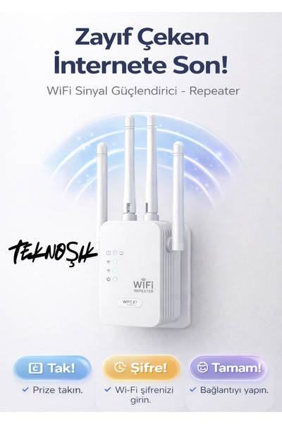 Teknoşık WiFi Sinyal Güçlendirici Repeater Çift Bant 2.4GHz 5GHz Geniş Kapsama Tak Çalıştır