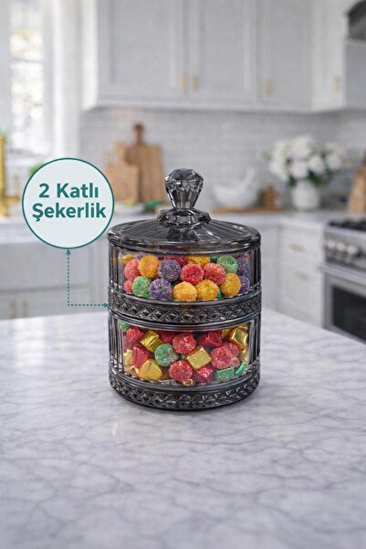 decovien 2 Katlı Şeffaf Cam Kapaklı Şekerlik Şık Sunumluk Dekoratif Saklama Kabı