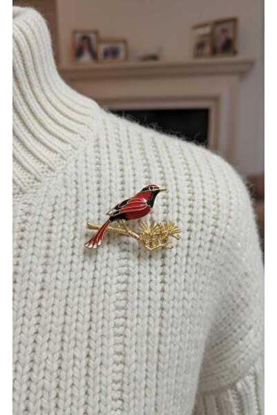 Jewerly Kırmızı Mineli Kuş Figürlü Altın Kaplama Zarif Yaka İğnesi