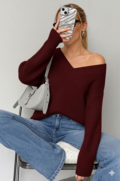 YUGA KNİTTİNG Women's Dropped Shoulder V-Neck Selani̇k Knit Basic Sweater