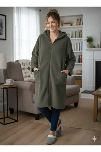 SUERTO HAKİ Wellsoft Peluş Kapüşonlu Unisex Sabahlık Önden Fermuarlı Sabahlık...