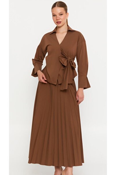 GULLAY Kruvaze Bağlamalı Bluz Pliseli Etek Takım