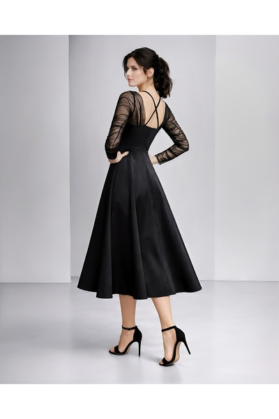 MsfashionX فستان ميدي أسود أنيق بأكمام من التول الشفاف
