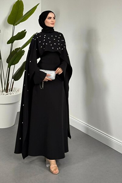 MERVEN AKYÜZ Serenya Pelerini Taşlı Abiye Siyah
