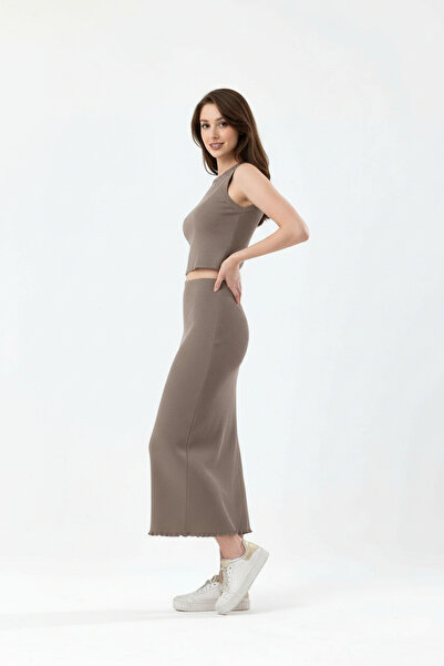 pulur.co Camel Cotton Corded Fabric Ribbed Knit Knitted Long Pencil Skirt