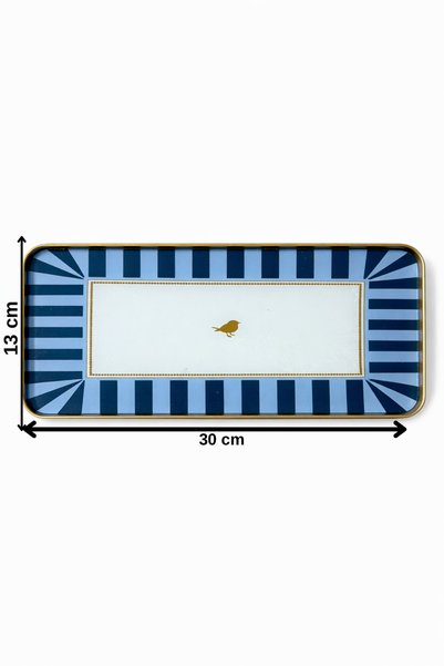 Yavuzhan Metal Gold Framed Blue Patterned Decorative Rectangular Tray (13X30)