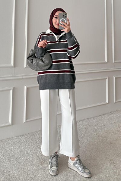 Rimel Moda Polo Neck Striped Tunic Gray