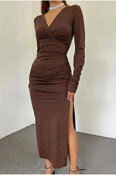 OLSAMODA Women's Drape Detail Double-Breasted Neckline Split Flexible Fabric Dress