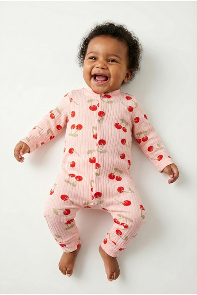 Noone Cherry Patterned Long Sleeve Ribbed (Ribbed Knit) Snap Fastener Baby Romper - Pink