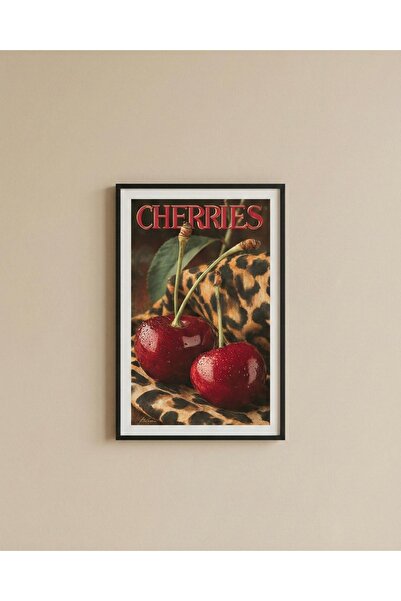Store Cherries Retro Kiraz ve Leopar Desenli Poster - Çerçevesiz Duvar Dekoru...