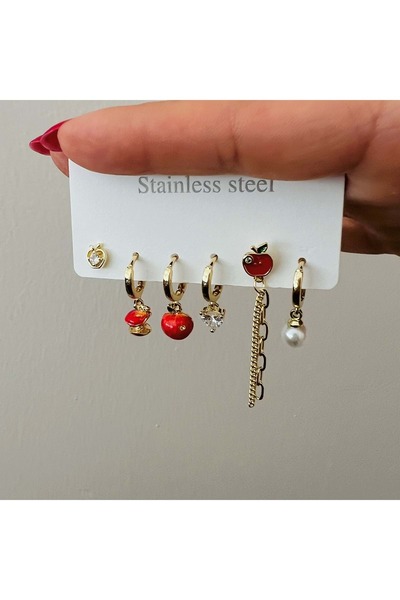 ACAR TAKI 6-Piece Apple Detail, Pearl Steel Set Earrings-Gold Color Acr7670