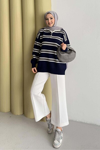 Rimel Moda Polo Neck Striped Tunic Navy Blue