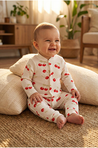 Noone Ribana Fabric Red Cherry Printed Long Sleeve Baby Romper