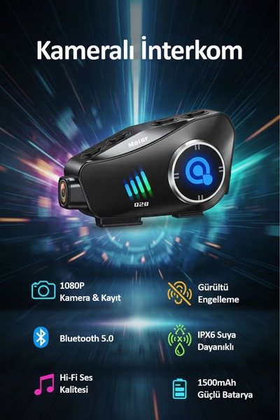 Tekvora Q28 Kameralı Bluetooth Kask Interkom | 1080P Kayıt | Su Geçirmez | LC...