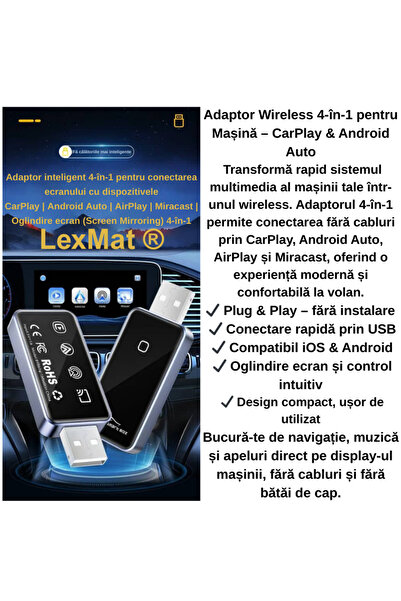 LexMat Adaptor auto wireless 4-în-1, CarPlay, Android Auto, AirPlay, Miracast...