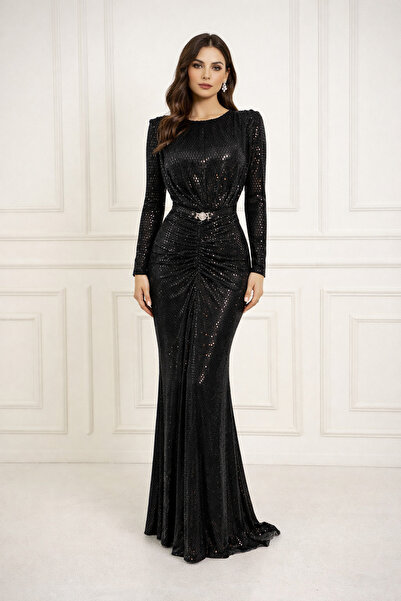 MİLLA Kadın Siyah Payetli Ruşe Detaylı Uzun Kollu Maxi Boy Abiye Elbise