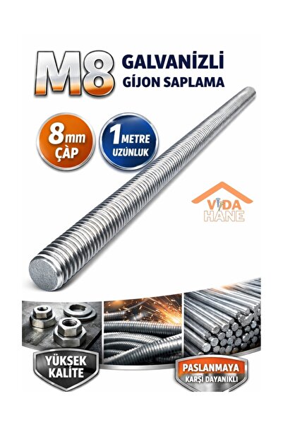 Std VİDA HANE M8 GALVANİZ GİJON SAPLAMA 1 Metre / 8MM SONSUZ DİŞ