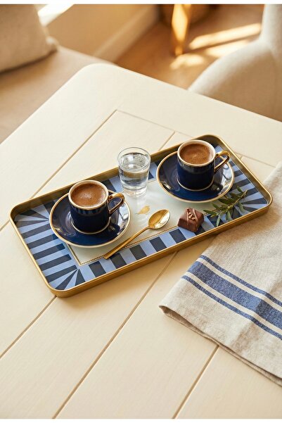 Yavuzhan Metal Gold Çerçeveli Mavi Desenli Dekorarif Diktörgen Tepsi (13x30)