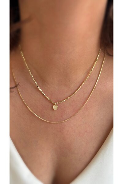 Soles 14 Ayar altın rengi Çelik kombin kolye kalpli kolye 40 cm uzun kolye 50 cm