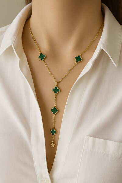 Pazarois Yeşil Yonca Figürlü Gold Bijuteri Uzun Kolye