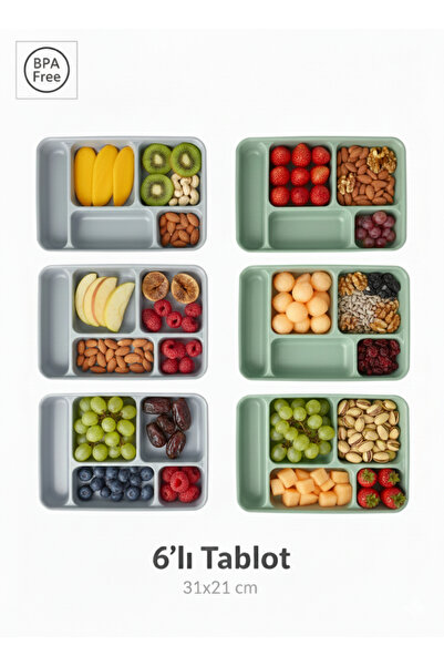 Righton 6 Adet Beş Bölmeli Tablot Yemek Tabağı Seti - 31x21 cm - BPA Free Çocuk ve Kahvaltı Tabağı