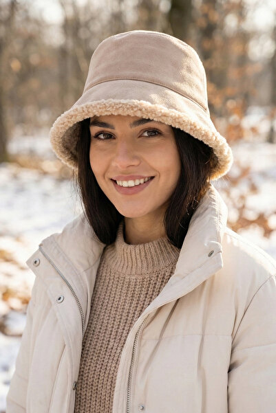 Kapin İçi Peluş Süet Kumaş Bucket Şapka Çift Taraflı - Vizon