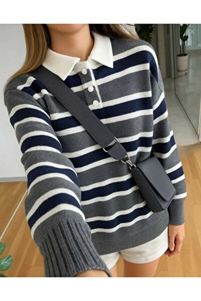 LUVON Anthracite Striped Polo Neck Buttoned Women's Knitwear Sweater